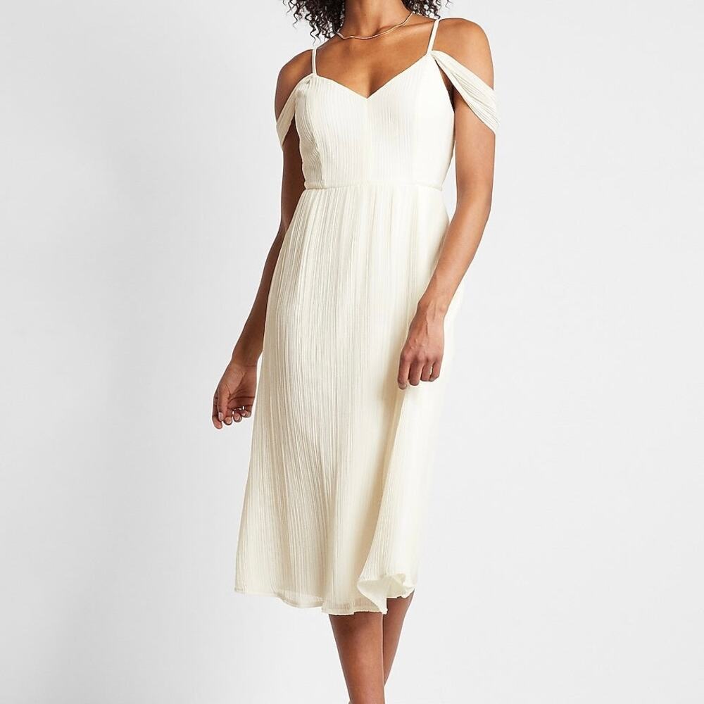 Express Ivory Pleated Chiffon Midi Dress Strappy Peasant Cottagecore Coquette